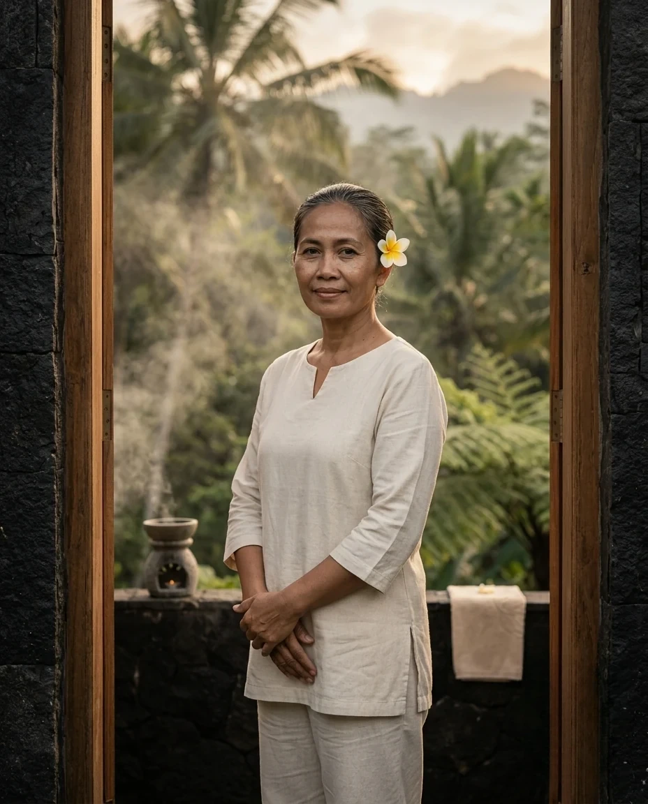 Wayan, founder of TAKSU, at the entrance of the spa